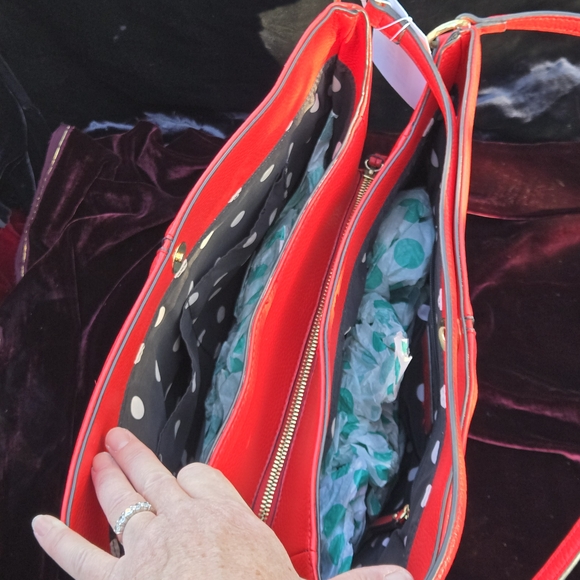 Anne Klein Red Pebbled Leather Shoulder Bag – Triple Compartment Tote - Picture 3 of 8